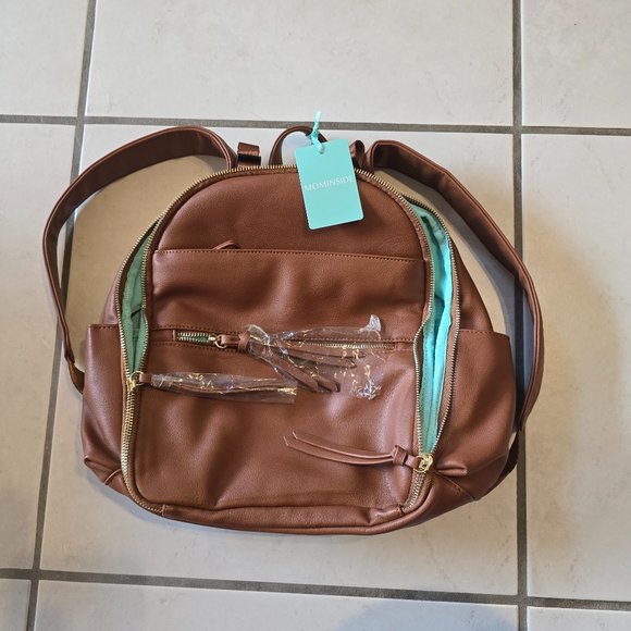 MOMINSIDE Small Brown Leather Diaper Bag Backpack with Blue Interio - Brand New! - Picture 2 of 11